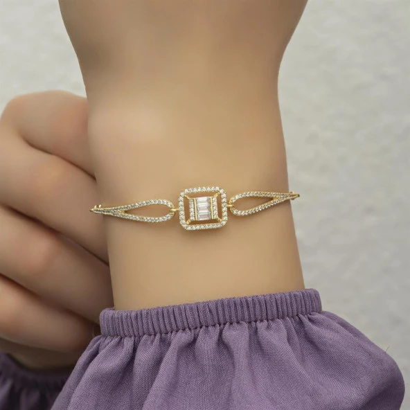 Altın Kaplama Baget Zirkon Taşlı Gümüş Bayan Bileklik - 3