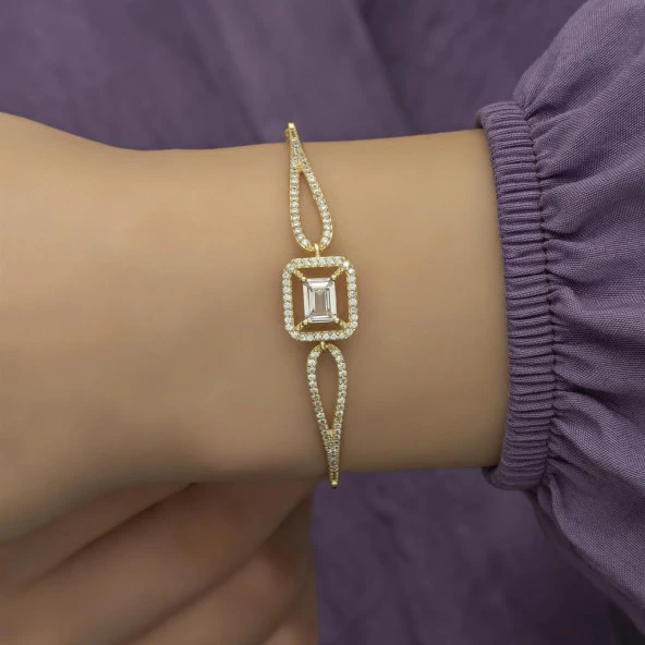 Altın Kaplama Baget Zirkon Taşlı Bayan Gümüş Bileklik - 2