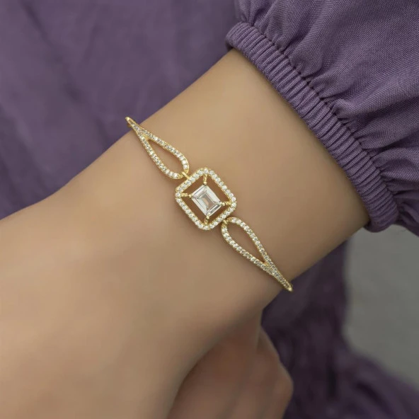 Altın Kaplama Baget Zirkon Taşlı Bayan Gümüş Bileklik - 3