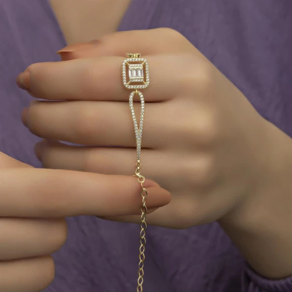 Altın Kaplama Baget Zirkon Taşlı Gümüş Bayan Bileklik - 8