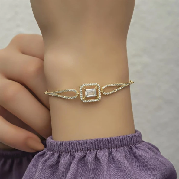 Altın Kaplama Baget Zirkon Taşlı Bayan Gümüş Bileklik - 4