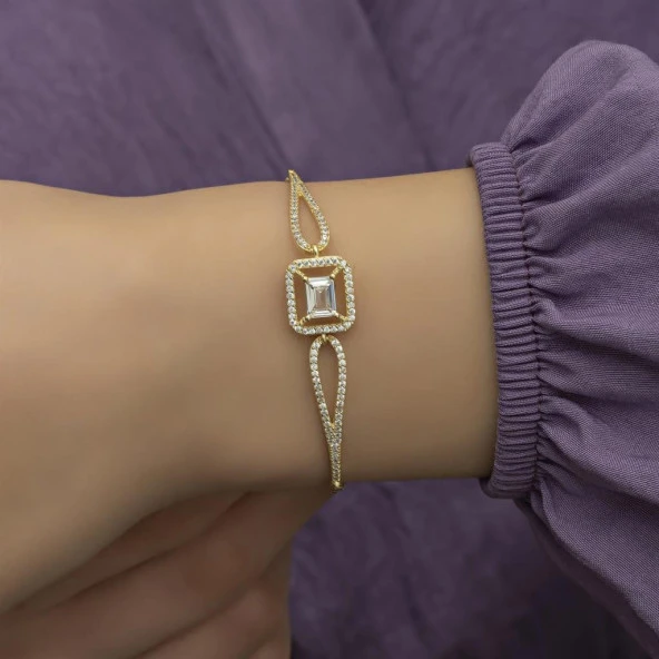 Altın Kaplama Baget Zirkon Taşlı Bayan Gümüş Bileklik - 6