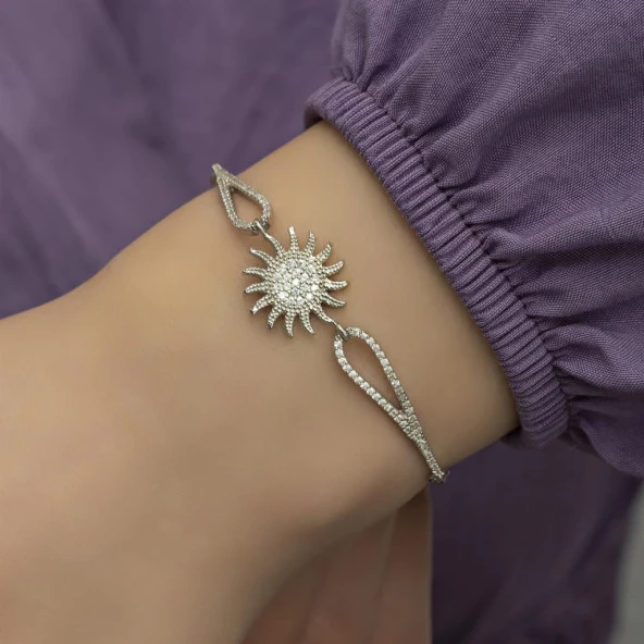 Zirkon Taşlı Rodyumlu Güneş Motifli Gümüş Bayan Bileklik - 2