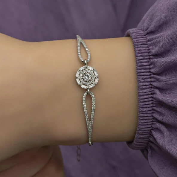Rodyumlu Baget Zirkon Taşlı Yuvarlak Gümüş Bayan Bileklik - 6