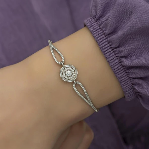 Rodyumlu Baget Zirkon Taşlı Yuvarlak Gümüş Bayan Bileklik - 8