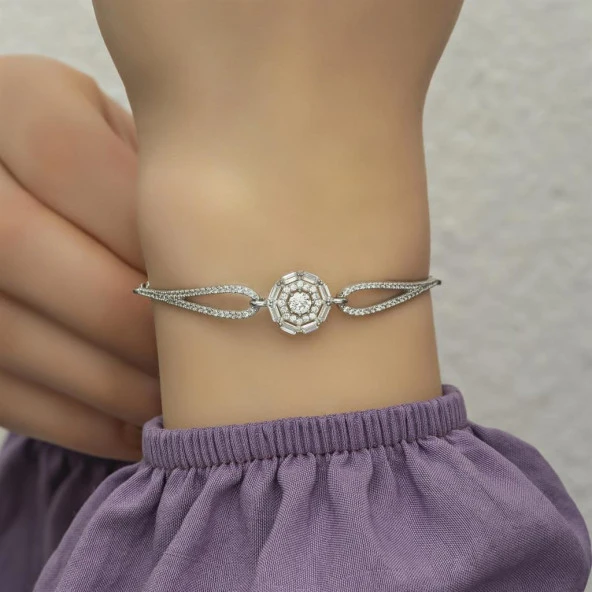 Rodyumlu Baget Zirkon Taşlı Yuvarlak Gümüş Bayan Bileklik - 9