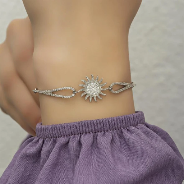Zirkon Taşlı Rodyumlu Güneş Motifli Gümüş Bayan Bileklik - 7