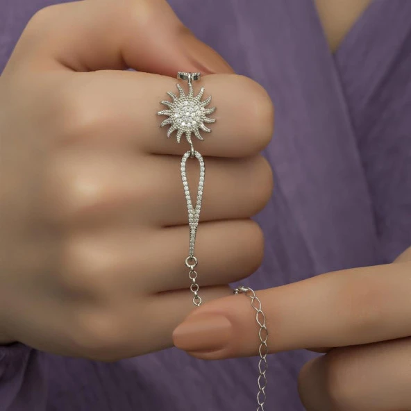 Zirkon Taşlı Rodyumlu Güneş Motifli Gümüş Bayan Bileklik - 8