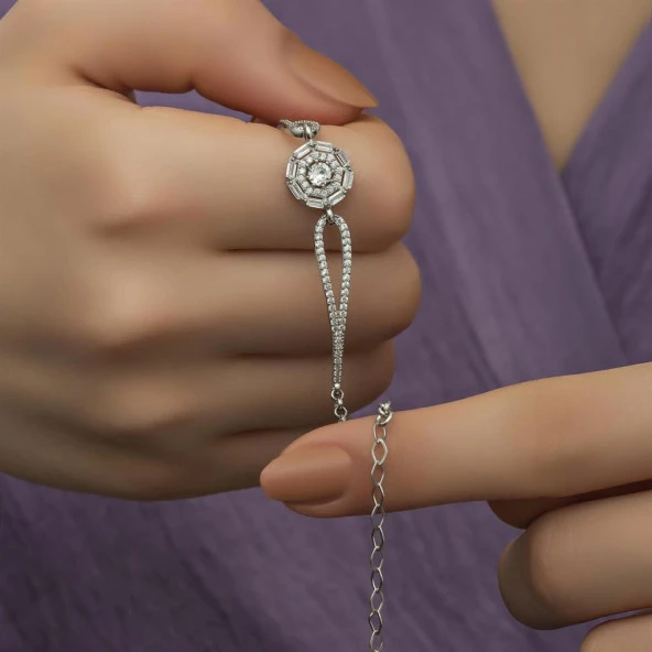 Rodyumlu Baget Zirkon Taşlı Yuvarlak Gümüş Bayan Bileklik - 10