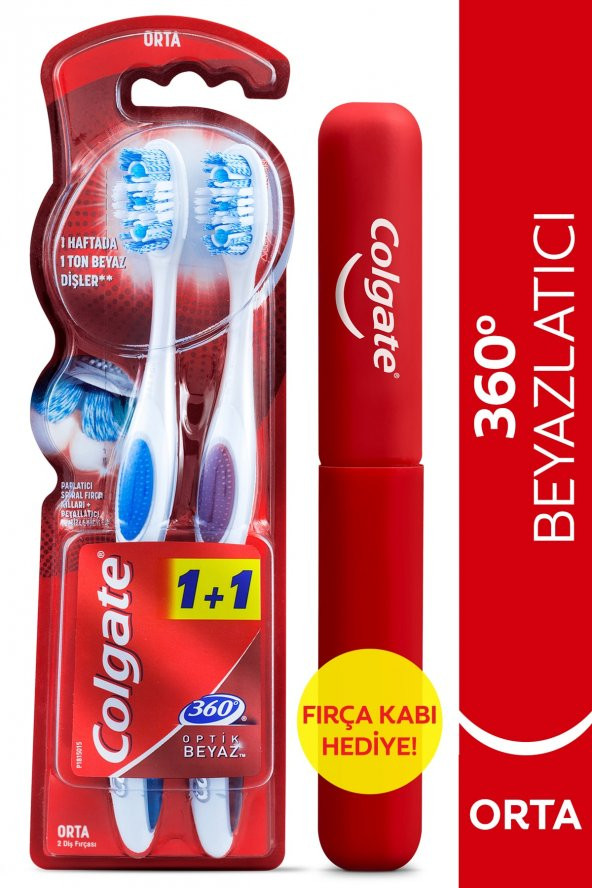 Colgate 360 Optik Beyaz Orta Beyazlatıcı Diş Fırçası 1+1 Fırça Kabı Hediye