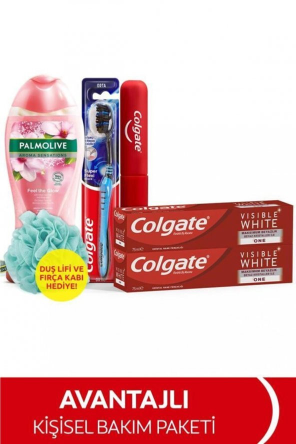 Colgate Diş Macunu 75 ml x2, Orta Diş Fırçası, Palmolive Duş Jeli 500 ml+ Fırça Kabı&Duş Lifi Hediye