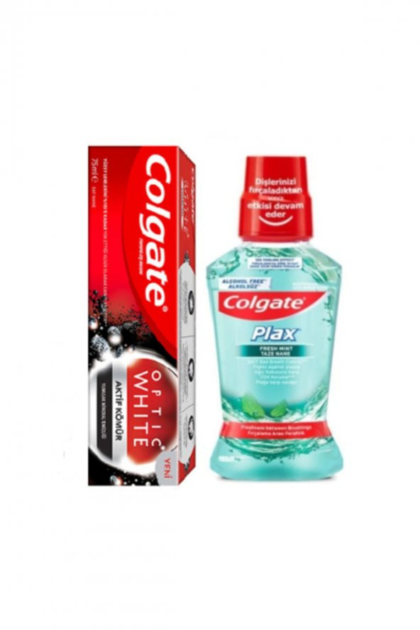 Colgate Optic White Aktif Kömür Beyazlatıcı Diş Macunu + Plax Taze Nane Ağız Suyu 250 Ml