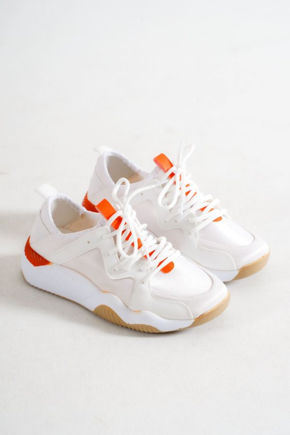 Marde Bağcık Detaylı Beyaz Turuncu Kadın Dalgıç Kumaş Spor Ayakkabı - Resim 4