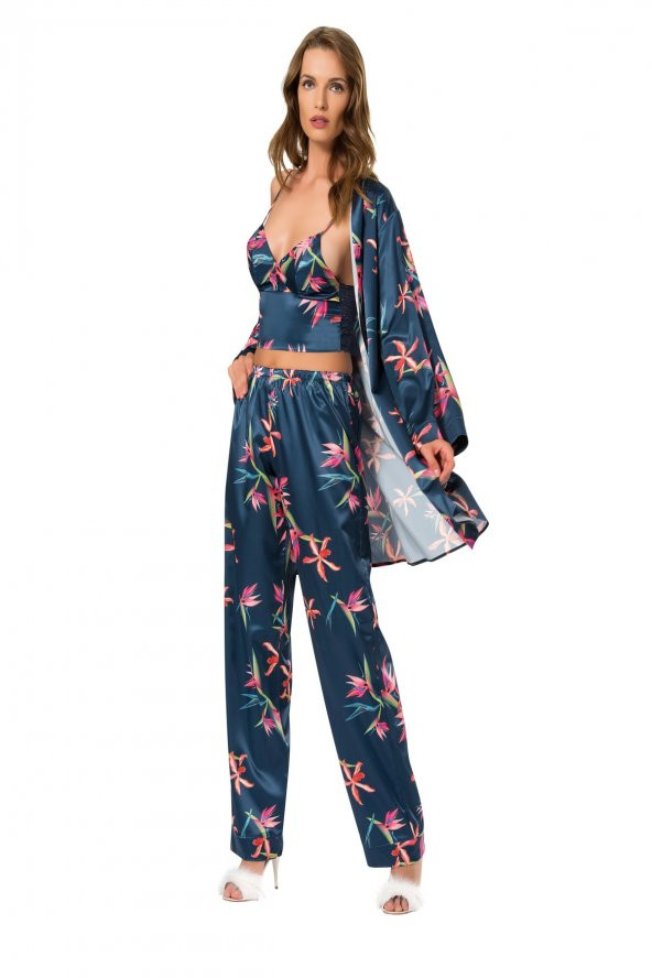 Kadın Lacivert Saten Pijama Takımı 3lü