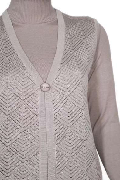 Hesna Kadın Taçlı Triko Ajurlu Broşlu Yelek Taş Beji - 2