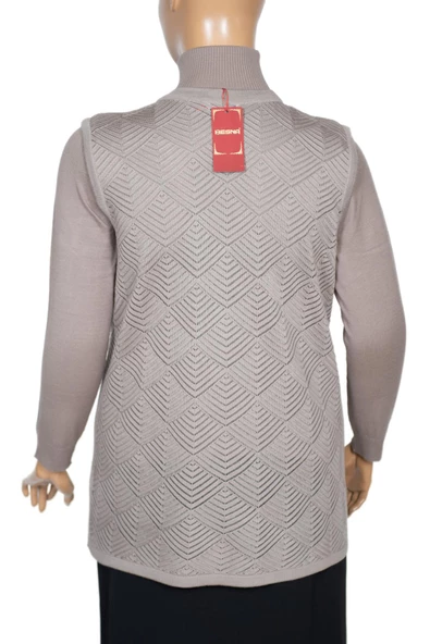 Hesna Kadın Taçlı Triko Ajurlu Broşlu Yelek Taş Beji - 4