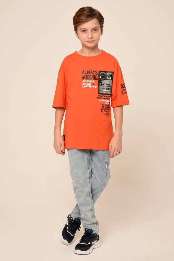 Erkek Çocuk Ön Arka ve Kol Baskılı Owersize Kalıp Basic Yaka Kısa Kol T-shirt