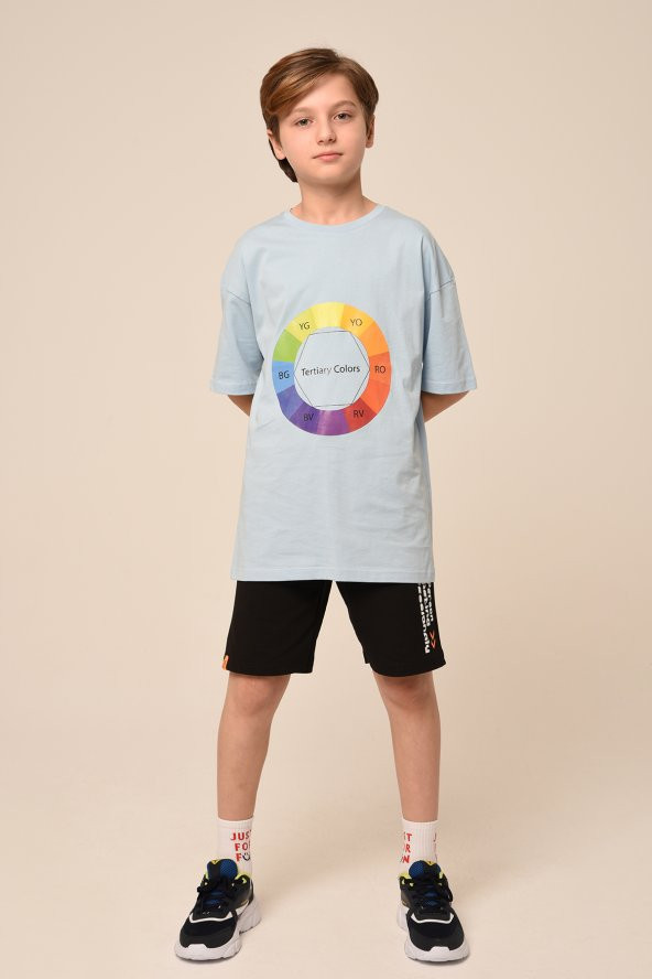Erkek Cocuk Baskılı Kısa Kollu Owersize Kalıp Basic Yaka T-shirt