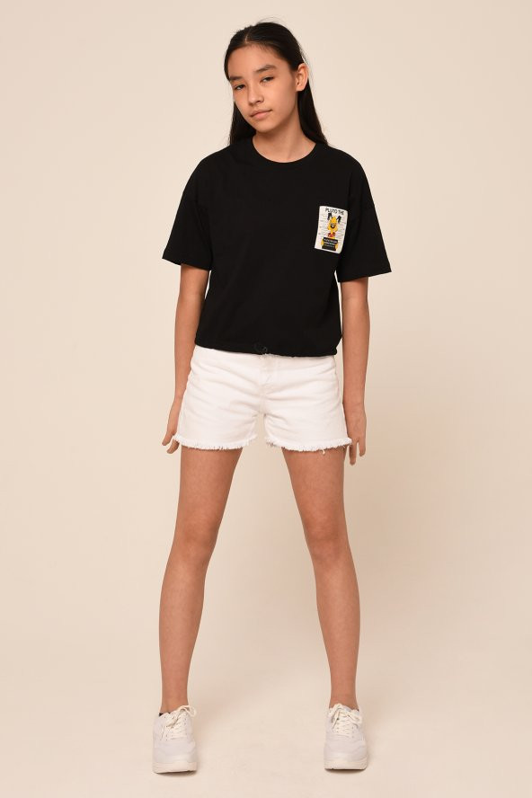 Kız Çocuk Armalı Etek Ucu Birit Lastikli Owersize Kalıp Kısa Kollu Basic Yaka T-shirt