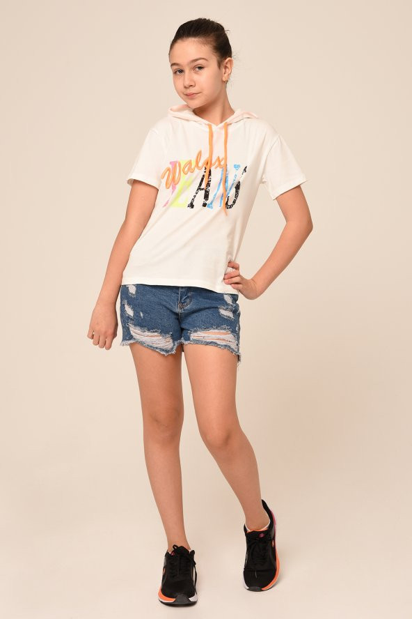 Kız Çocuk Baskılı ve Nakışlı Kapşonlu Kısa Kollu T-shirt
