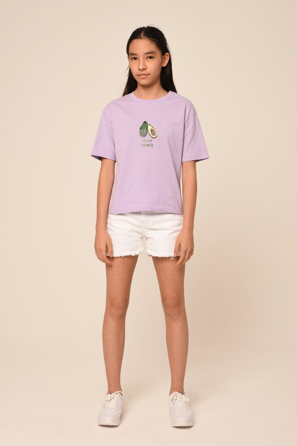 Kız Çocuk Baskılı Owesize Kalıp Kısa Kollu Basic Yaka T-shirt