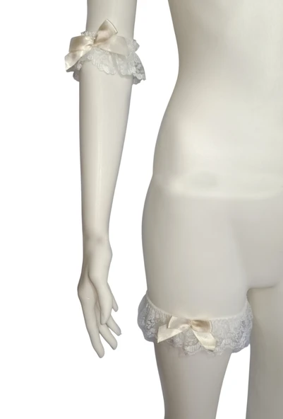 3 Lü ASM0244 Bayan Beyaz Dantel Kol Bacak Vücut Akesuar Seti - 3