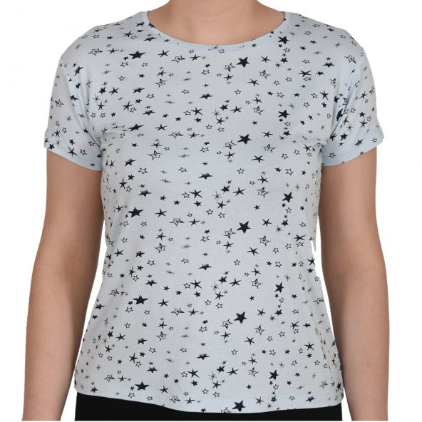 ASM0132 Bayan Mavi Yıldız Baskılı Kısa Kol T-Shirt