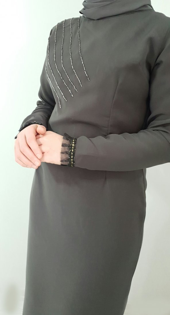 ACRUX0021 Bayan 36 Koyu Yeşil Narin Yıldızlar Abiye Elbise - 2