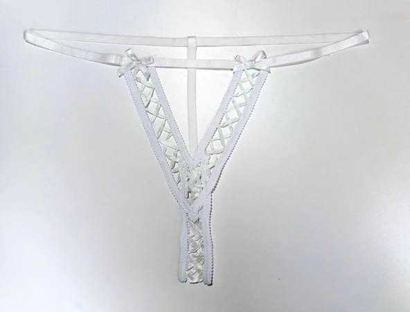 ASM0187 Bayan Beyaz Y Ray Desen Tanga String - 6