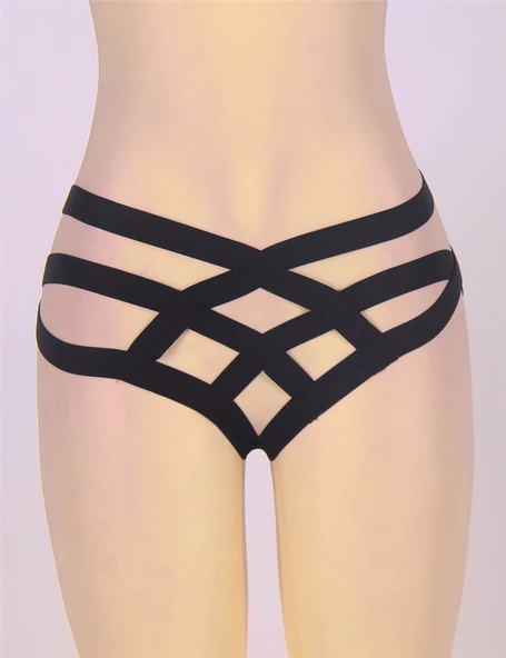 ASM0221 Bayan Siyah Kafes  Örgülü Tanga Külot - 4