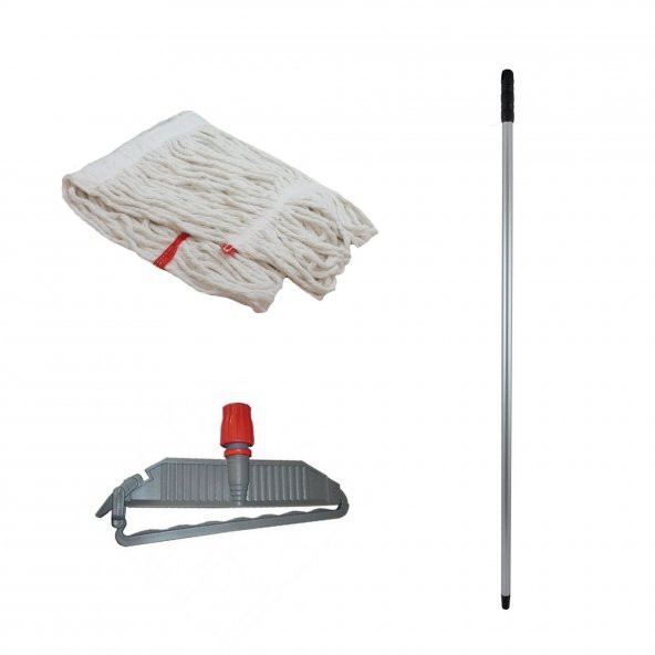 Geniş Yedek Islak Paspas Mop Takımı - Beyaz -Pamuklu -25 Cm. -320 Gr. -Mop + Metal Sap + Mop Tutucu