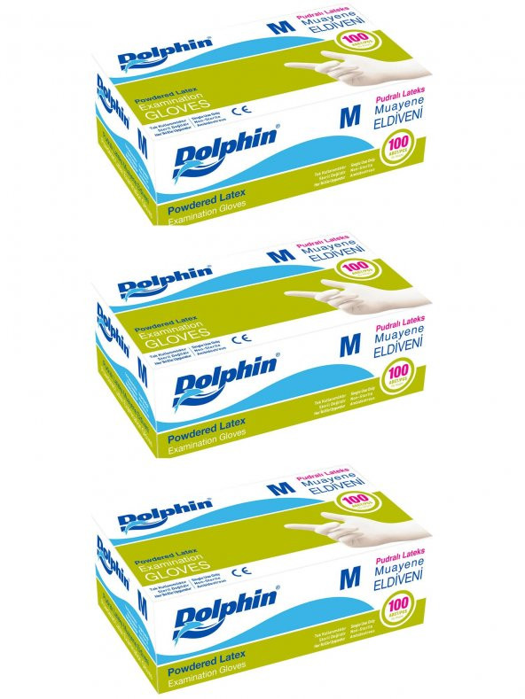 Dolphin Tek Kullanımlık Lateks Beyaz Pudralı Medium Muayne Eldiveni - 3 Adet 100'lü Paket/Koli