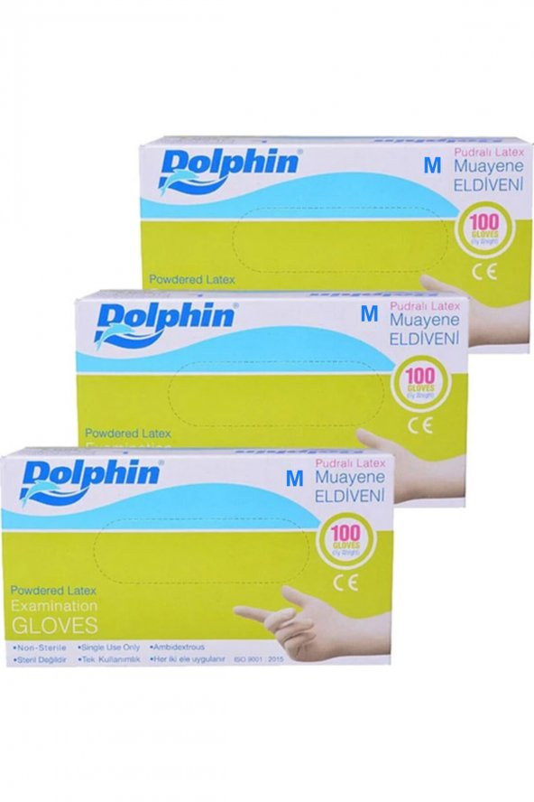 Dolphin Tek Kullanımlık Lateks Beyaz Pudralı Medium Muayne Eldiveni - 3 Adet 100'lü Paket/Koli - 2