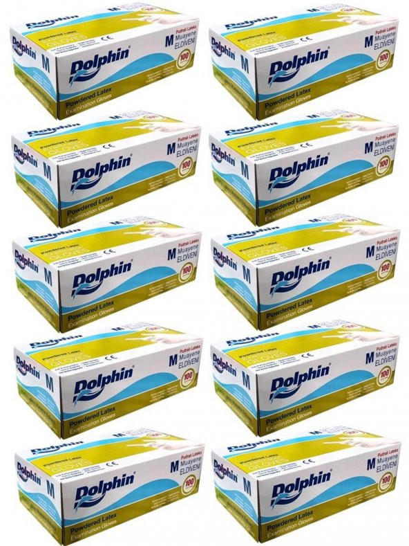 Dolphin Tek Kullanımlık Lateks Beyaz Pudralı Medium Muayne Eldiveni - 10 Adet 100'lü Paket/Koli ürün görseli 1