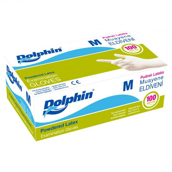 Dolphin Tek Kullanımlık Lateks Beyaz Pudralı Medium Muayne Eldiveni - 10 Adet 100'lü Paket/Koli - 3