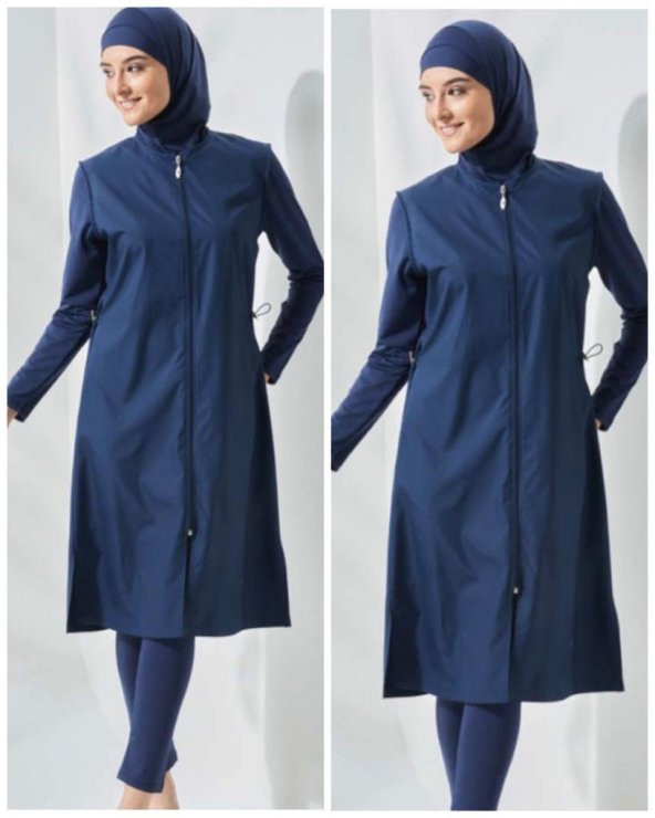 Allsea 3075 Lacivert 2 Li Kollar Lycralı Tam Boy Tesettür Mayo - Resim 2