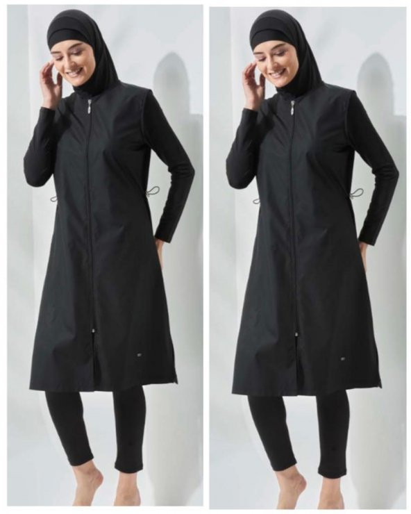 Allsea 3075 Siyah  2 Li Kollar Lycralı Tam Boy Tesettür Mayo - 4