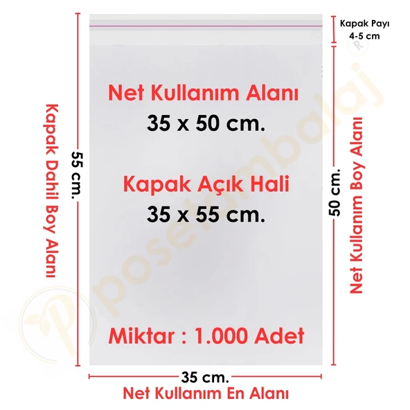 35x50+5 cm. (35x55) 1.000 Adet Şeffaf Bantlı Yapışkanlı Jelatin Poşet