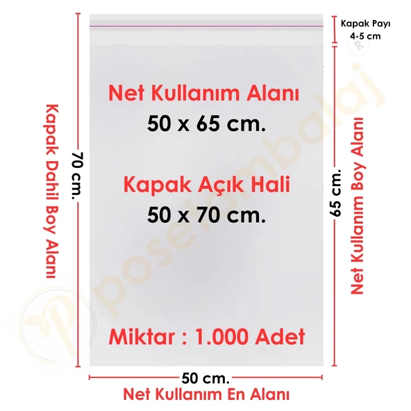 50x65+5 cm. (50x70) 1.000 Adet Şeffaf Bantlı Yapışkanlı Jelatin Poşet ürün görseli 1