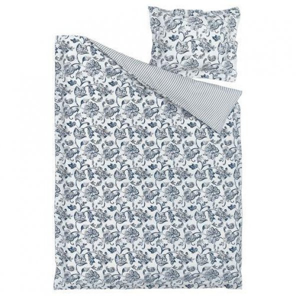 Tek Kişilik Nevresim Takımı 150x200/50x60 cm MeridyenDukkan Beyaz-Mavi Çiçek Desen-Çarşafsız - 4