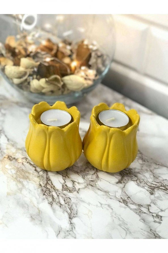 Sevgiliye Hediye 2li Lale Temalı Mum Hediyeli Sarı Mumluk - 3