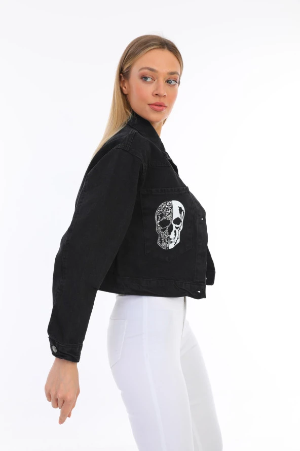 Kadın Siyah Jean Kurukafa Baskılı Parlak Taşlı Basic Crop Denim Kot Ceket - 5