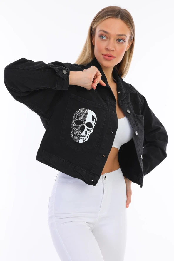 Kadın Siyah Jean Kurukafa Baskılı Parlak Taşlı Basic Crop Denim Kot Ceket - 6