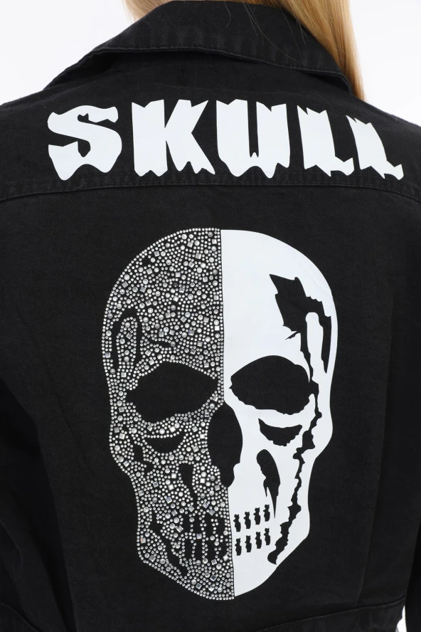 Kadın Siyah Jean Kurukafa Baskılı Parlak Taşlı Basic Crop Denim Kot Ceket - 7