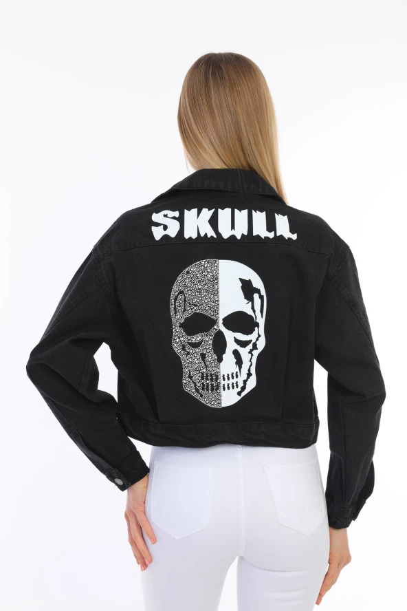 Kadın Siyah Jean Kurukafa Baskılı Parlak Taşlı Basic Crop Denim Kot Ceket - 8