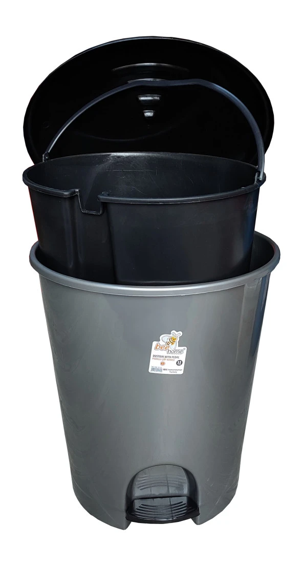 Plastik Pedallı Basmalı Kapaklı 50 Litre İç Kovalı Çöp Kutusu Kovası - Gri Gövde Siyah Kapak - 55 x 42 x 41 Cm. - Resim 2