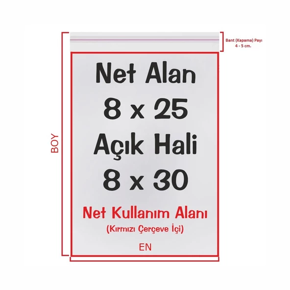 8x25+5 cm. (8x30) 1.000 Adet Şeffaf Bantlı Yapışkanlı Jelatin Poşet