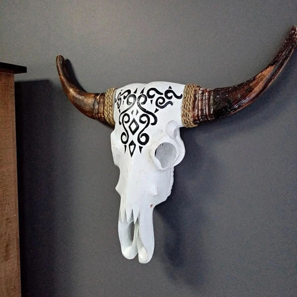 Ahşap El Yapımı Bufalo Kafatası Duvar Dekoru Beyaz 70 cm - Resim 3