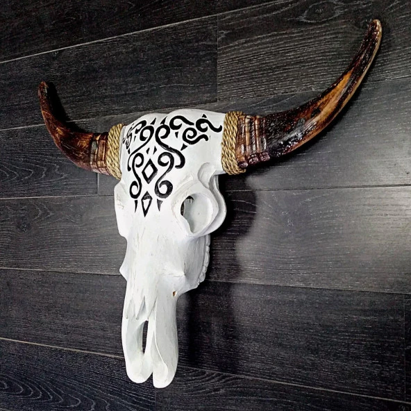 Ahşap El Yapımı Bufalo Kafatası Duvar Dekoru Beyaz 70 cm - Resim 5