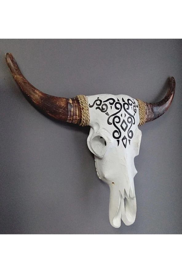 Ahşap El Yapımı Bufalo Kafatası Duvar Dekoru Beyaz 70 cm - Resim 6